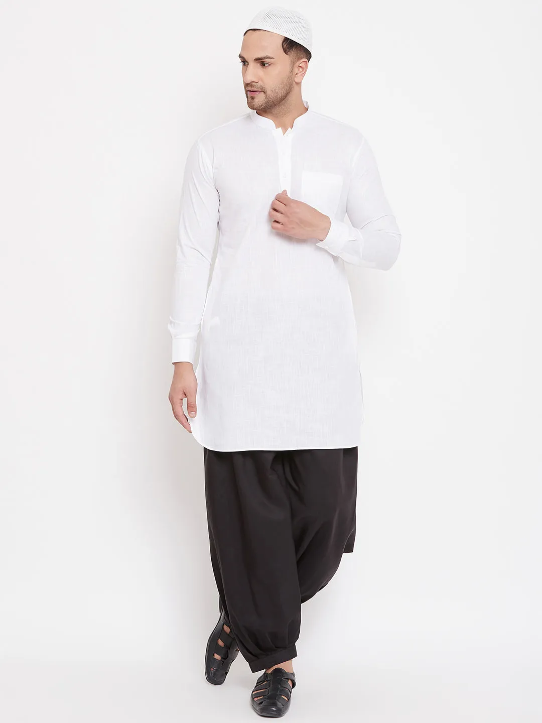 Jashvi Men's White And Black Cotton Linen Blend Pathani Kurta Set