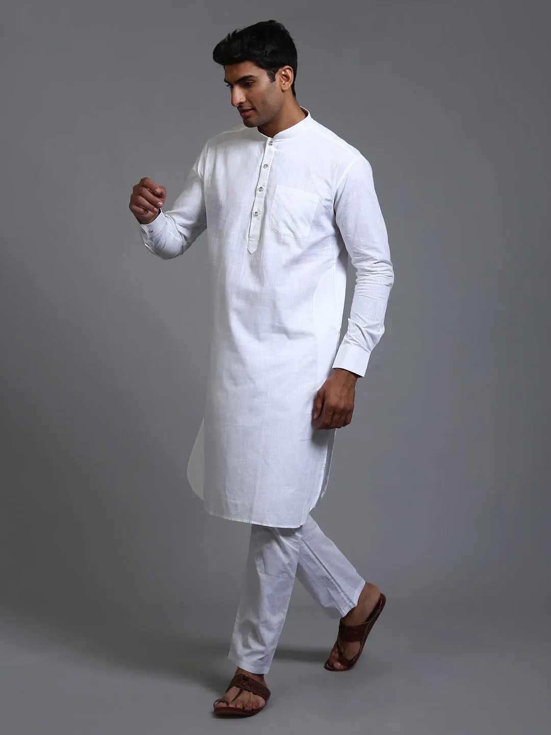 Jashvi Men's White Cotton Blend Pathani Kurta Pyjama Set