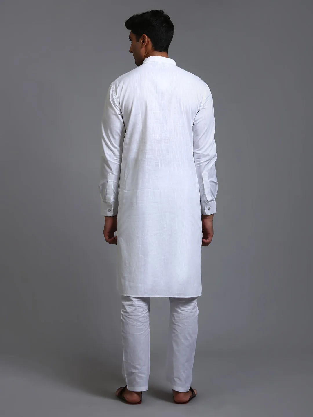 Jashvi Men's White Cotton Blend Pathani Kurta Pyjama Set