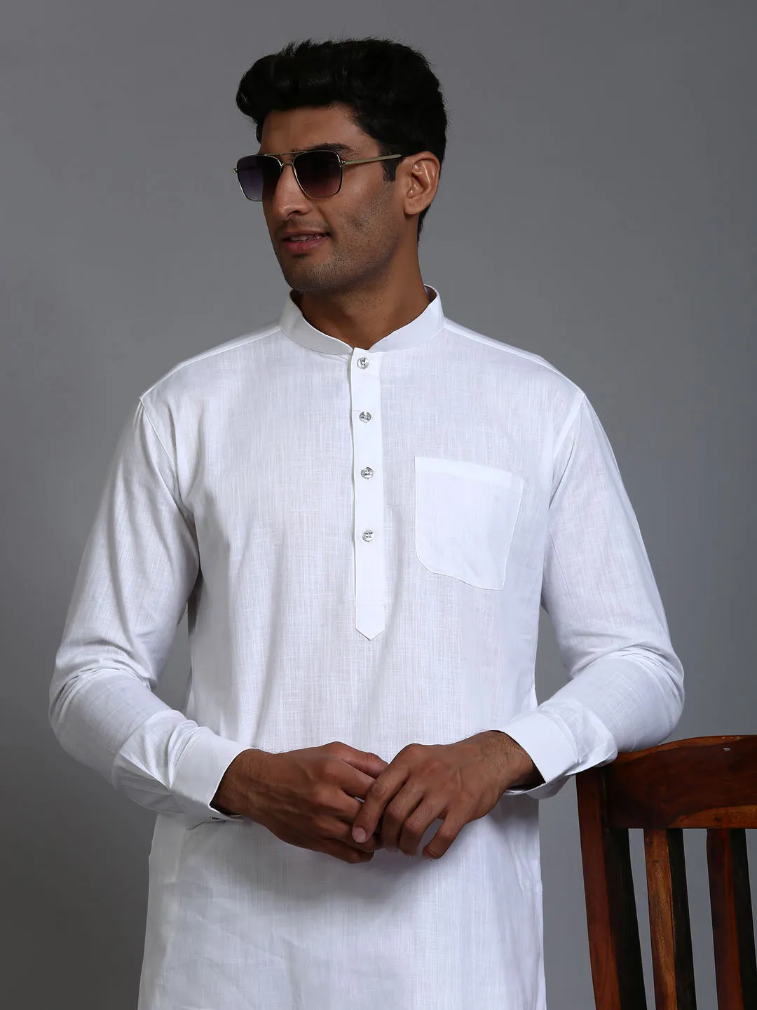 Jashvi Men's White Cotton Blend Pathani Kurta Pyjama Set