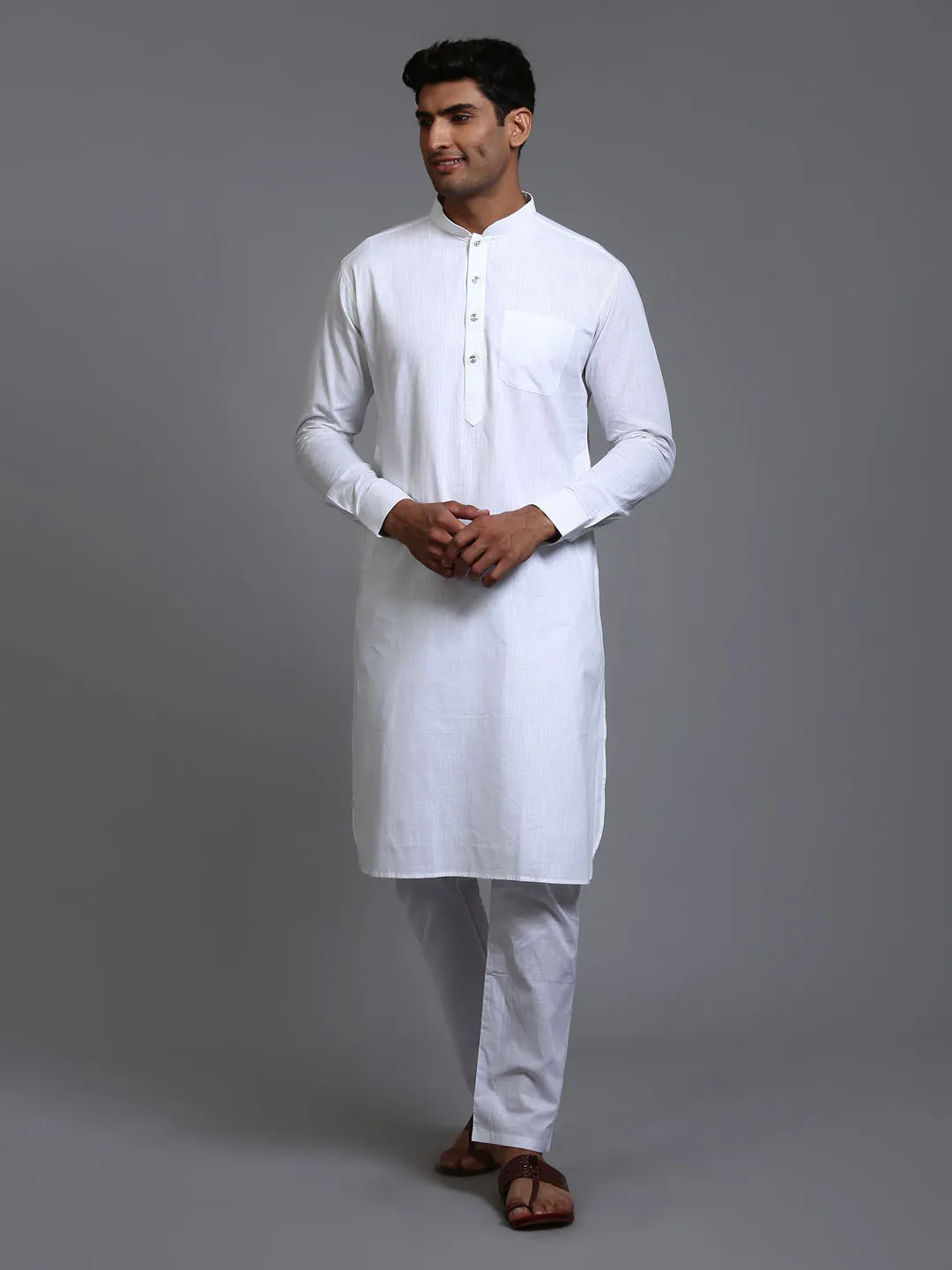 Jashvi Men's White Cotton Blend Pathani Kurta Pyjama Set