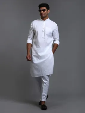 Jashvi Men's White Cotton Blend Pathani Kurta with Pant Set