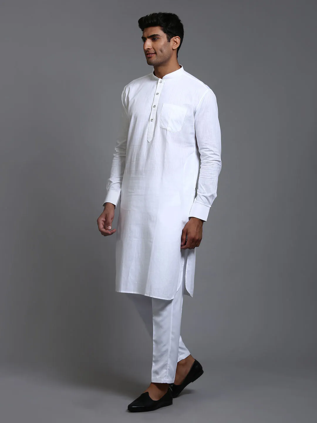 Jashvi Men's White Cotton Blend Pathani Kurta with Pant Set