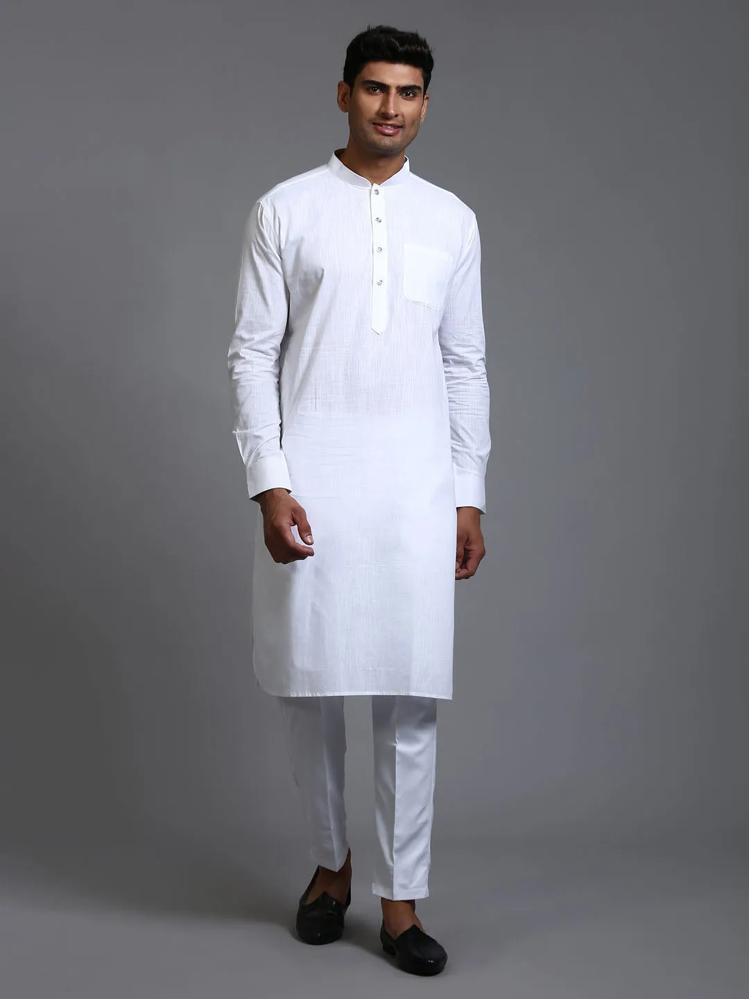 Jashvi Men's White Cotton Blend Pathani Kurta with Pant Set