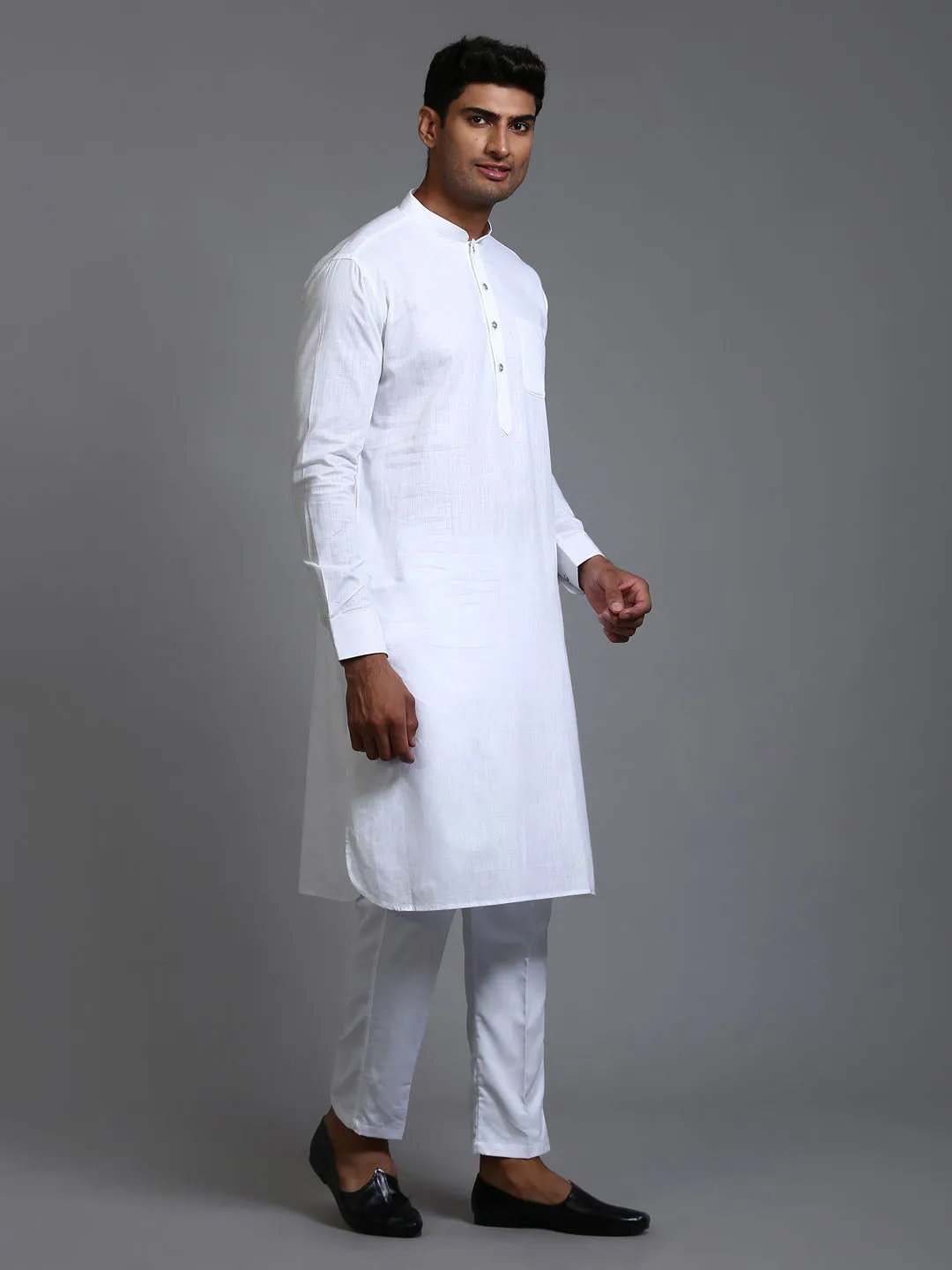 Jashvi Men's White Cotton Blend Pathani Kurta with Pant Set