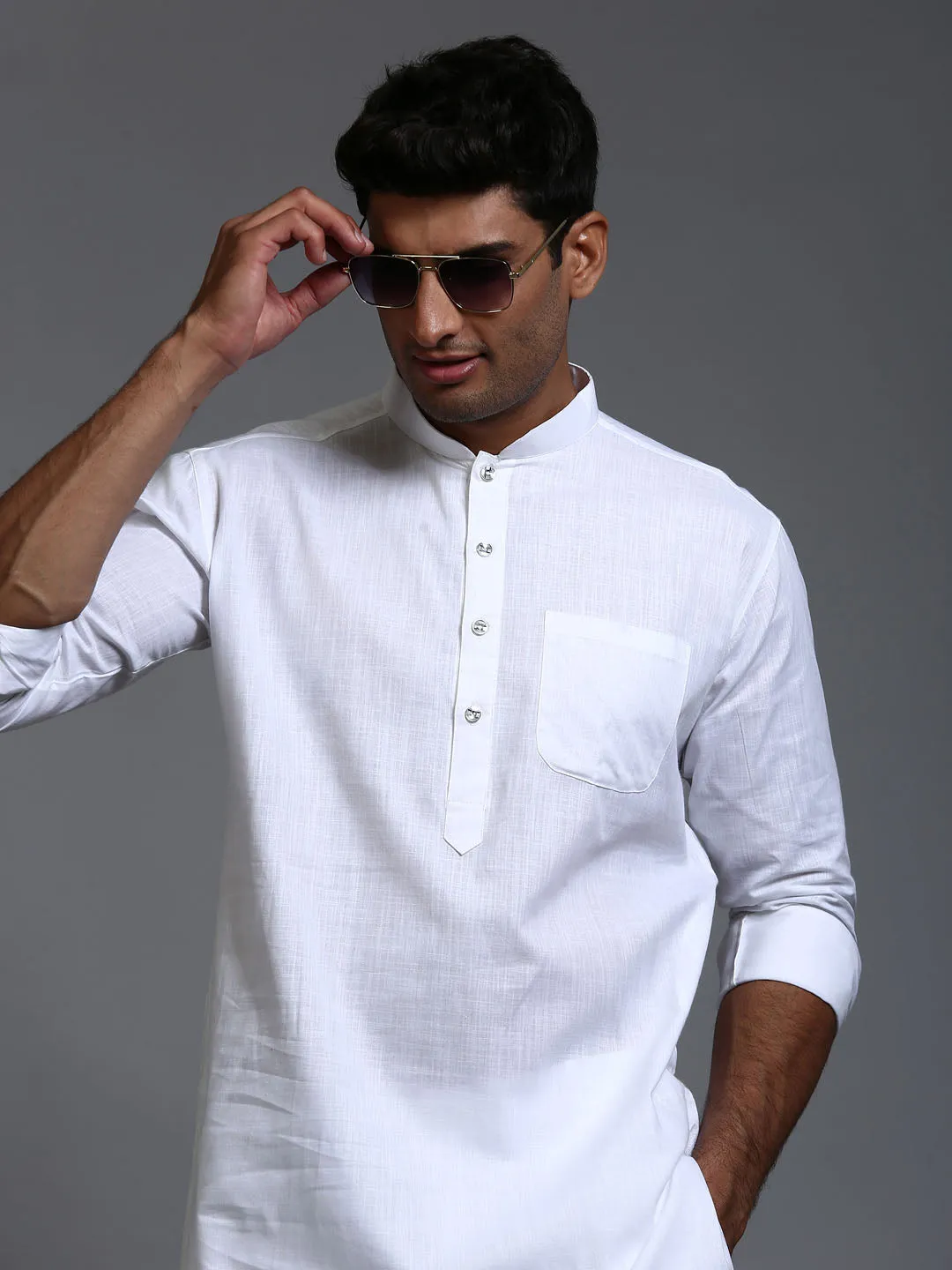 Jashvi Men's White Cotton Blend Pathani Kurta with Pant Set