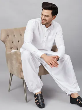 Jashvi Men's White Cotton Blend Pathani Suit Set