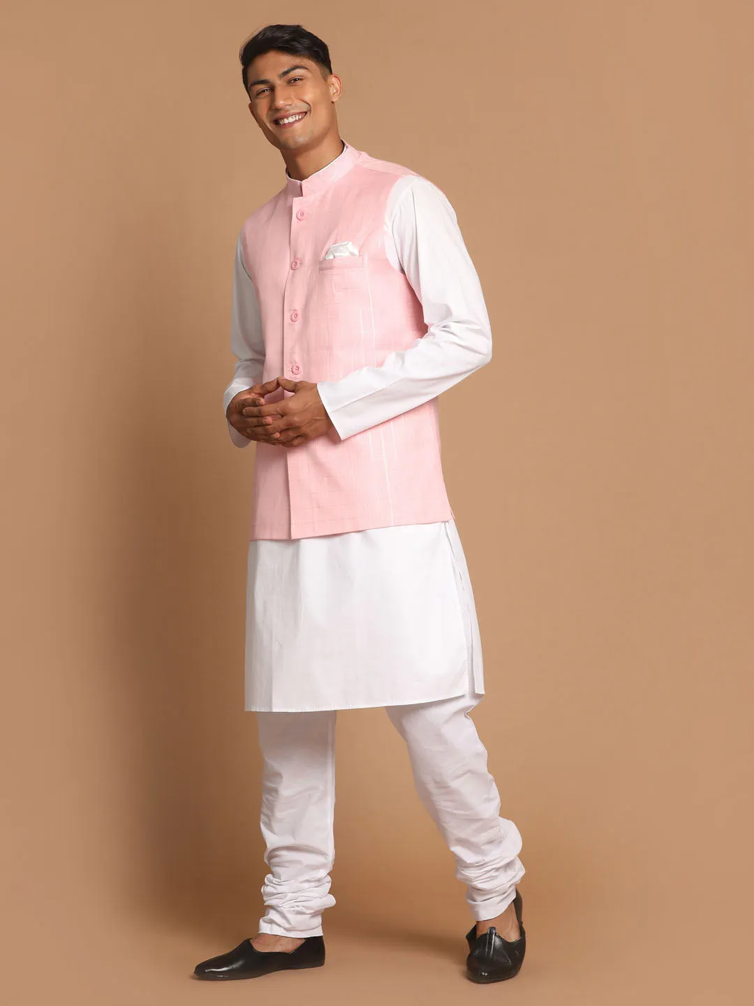 Jashvi Men's White Cotton Kurta, Checkered Royal Linen Nehru Jacket and Pyjama Set