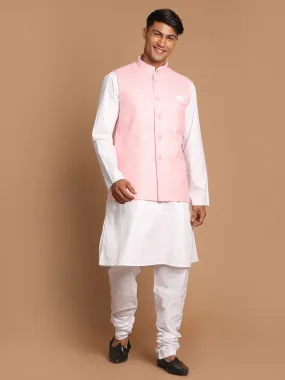 Jashvi Men's White Cotton Kurta, Checkered Royal Linen Nehru Jacket and Pyjama Set