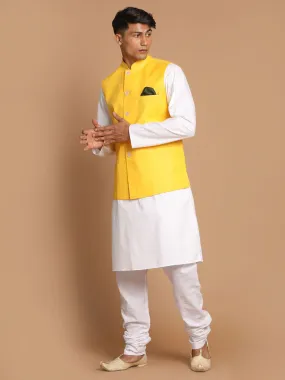 Jashvi Men's White Cotton Kurta, Solid Royal Nehru Jacket and Pyjama Set