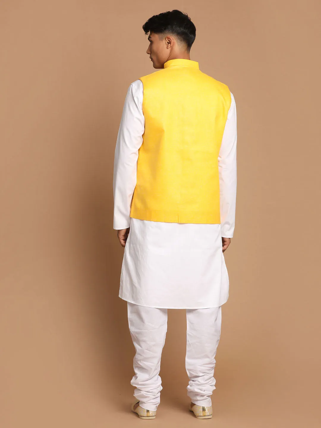 Jashvi Men's White Cotton Kurta, Solid Royal Nehru Jacket and Pyjama Set