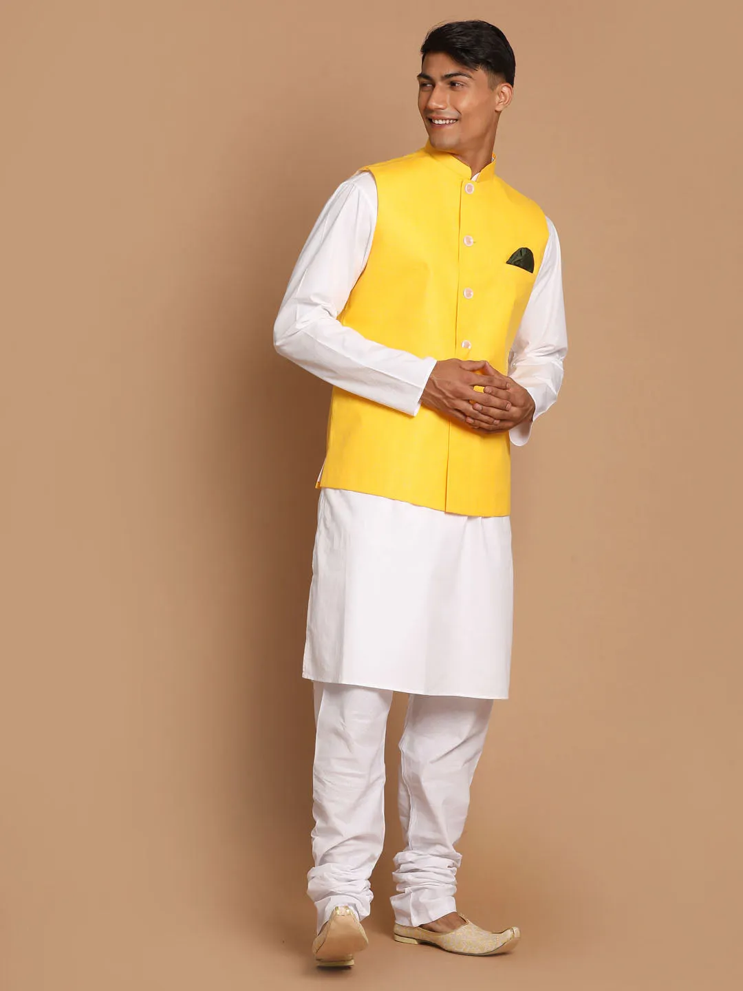 Jashvi Men's White Cotton Kurta, Solid Royal Nehru Jacket and Pyjama Set