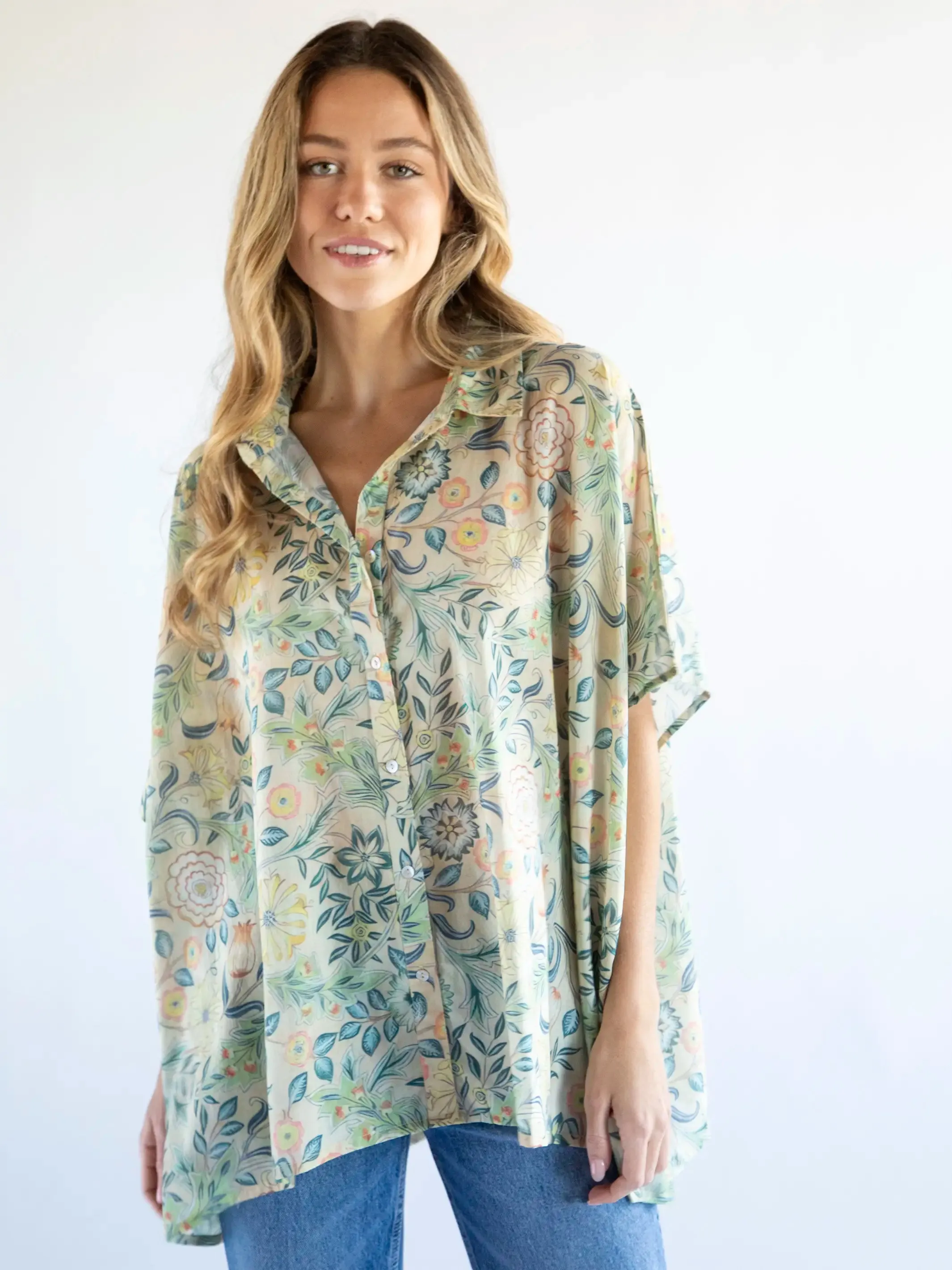 Kelly Oversized Cotton Button Down - Cream Blue Leaves