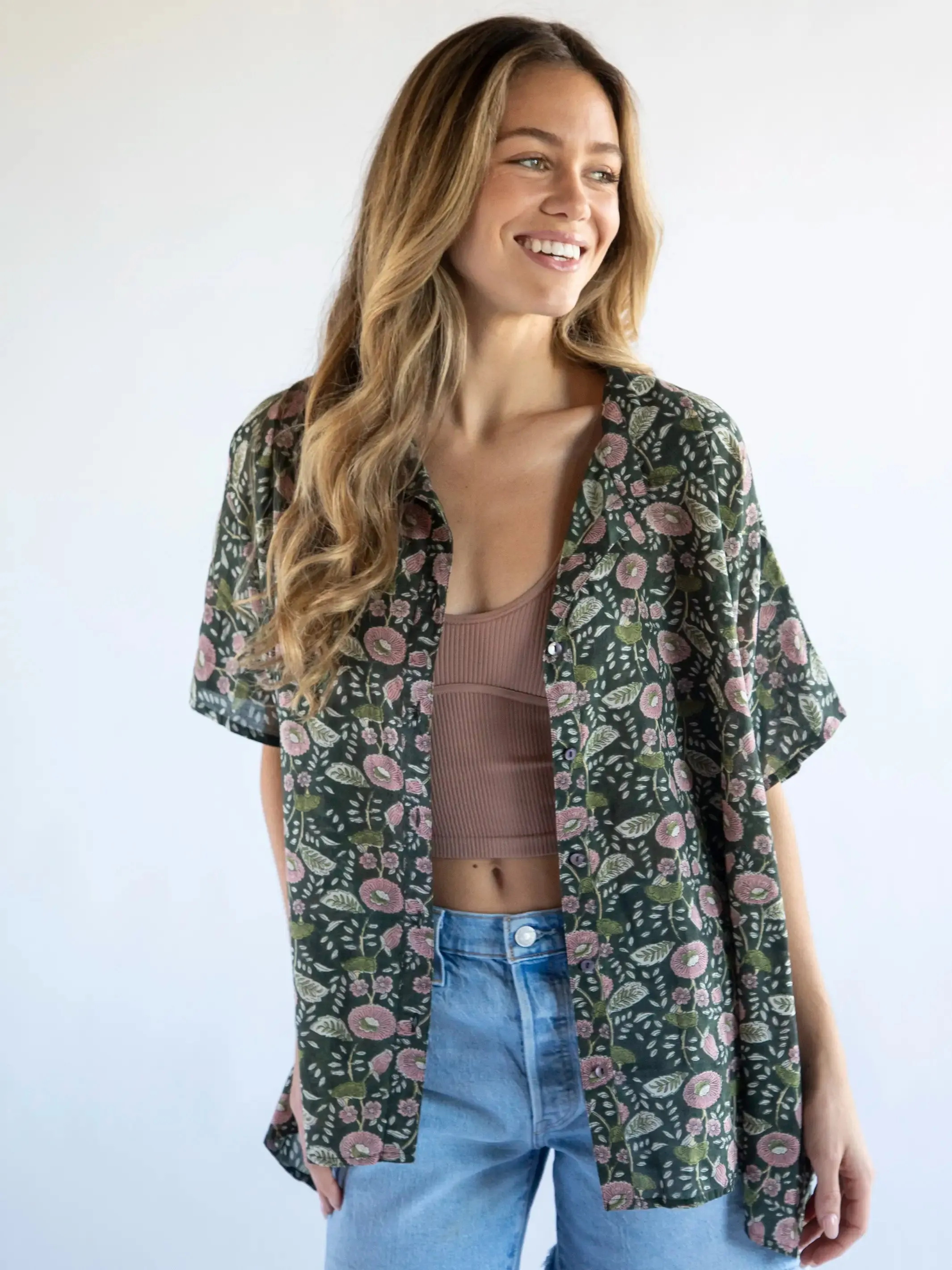 Kelly Oversized Cotton Button Down - Dark Green Pink Floral Vines