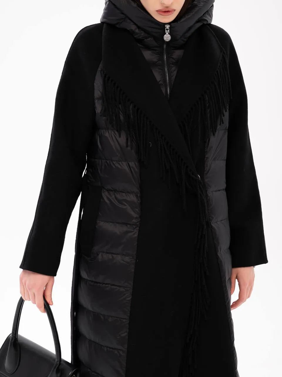 Kennedy Fringe Luxe Down Wool Blend Coat in Black