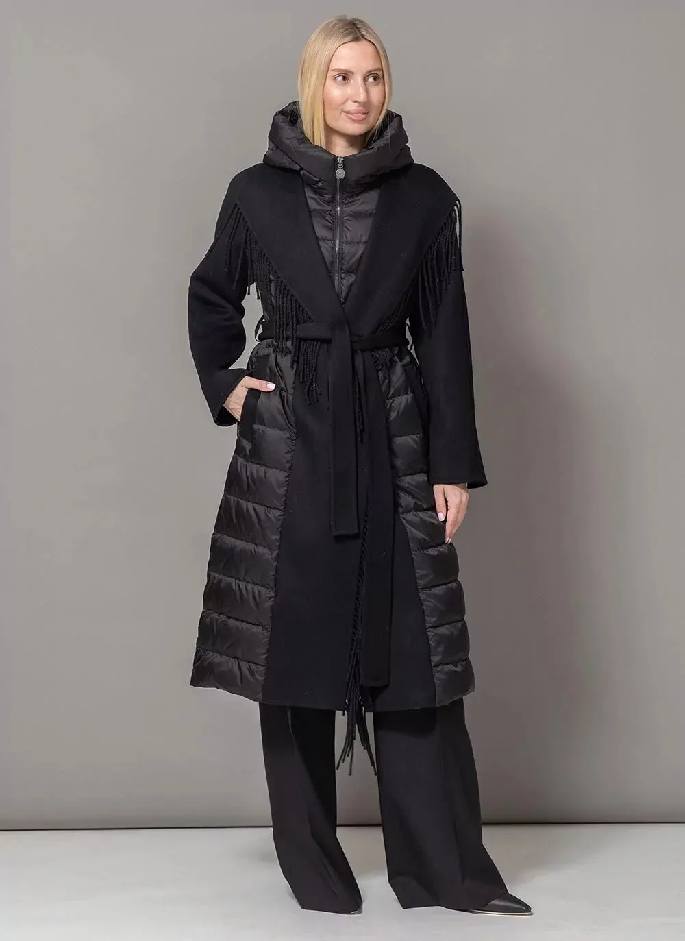 Kennedy Fringe Luxe Down Wool Blend Coat in Black