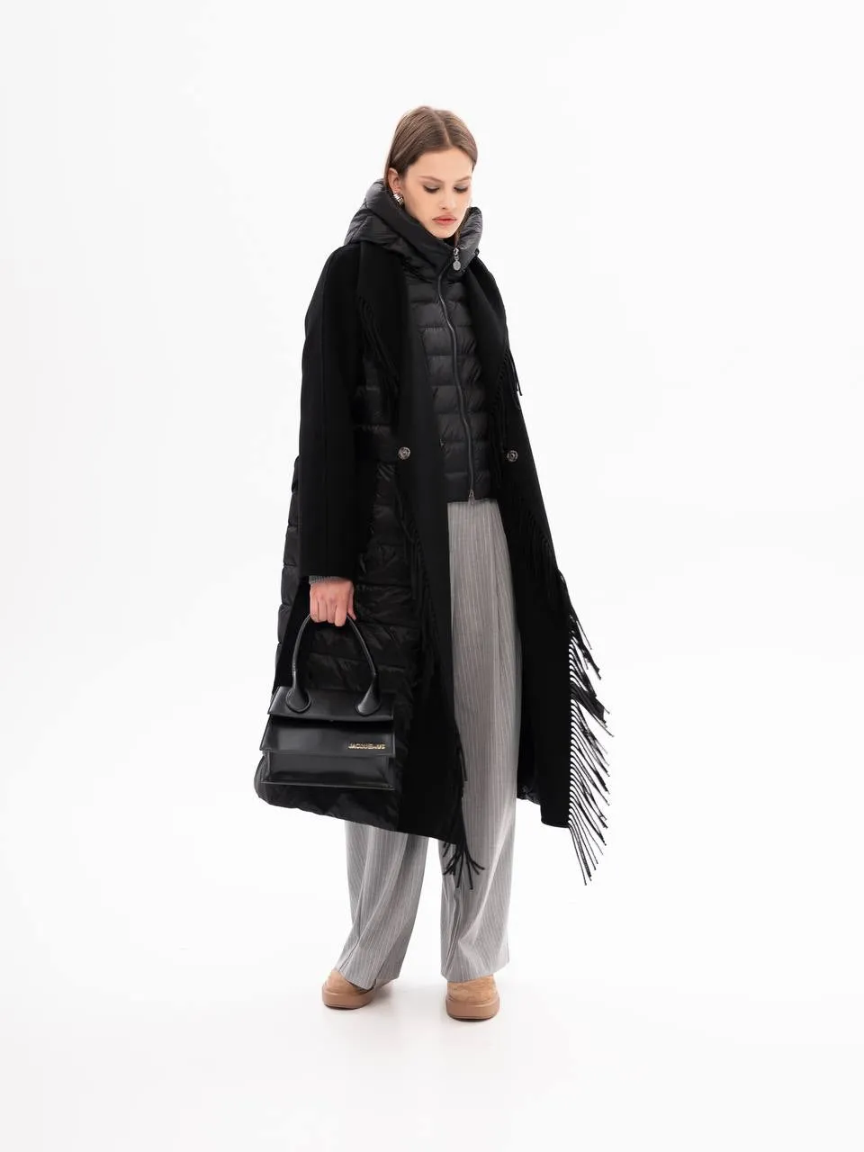 Kennedy Fringe Luxe Down Wool Blend Coat in Black