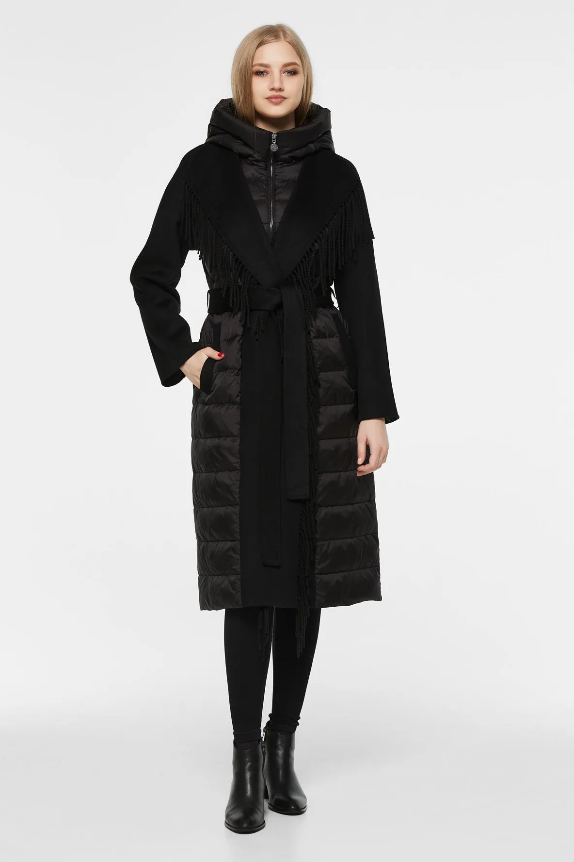 Kennedy Fringe Luxe Down Wool Blend Coat in Black