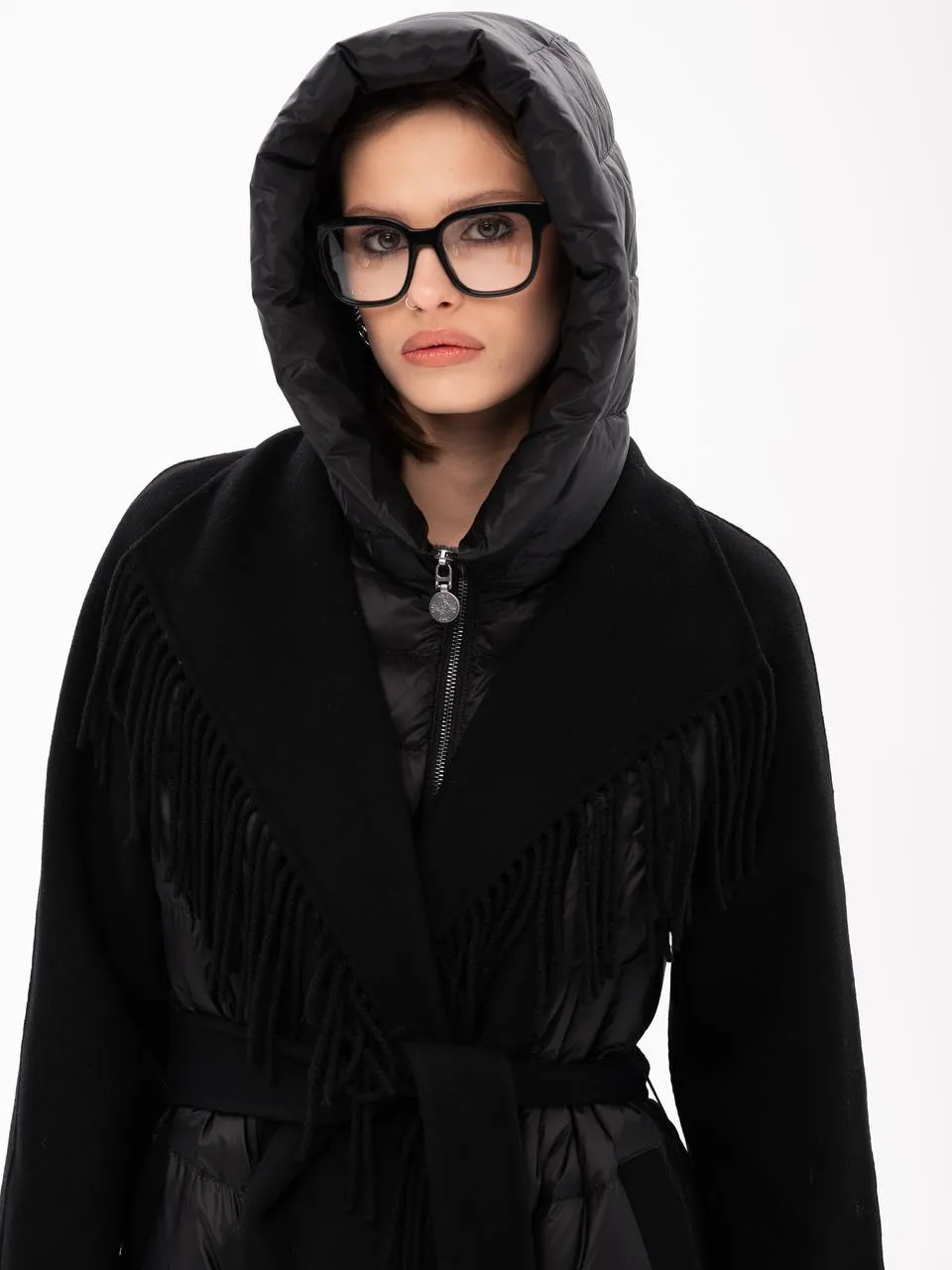 Kennedy Fringe Luxe Down Wool Blend Coat in Black