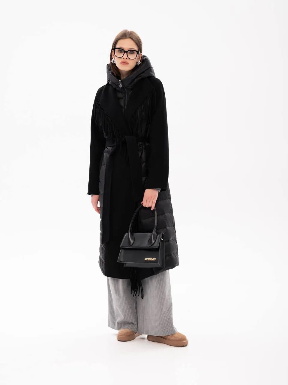 Kennedy Fringe Luxe Down Wool Blend Coat in Black