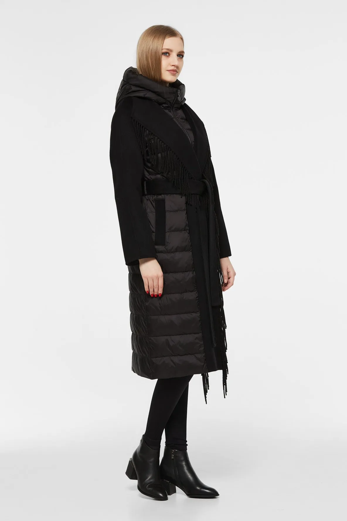 Kennedy Fringe Luxe Down Wool Blend Coat in Black