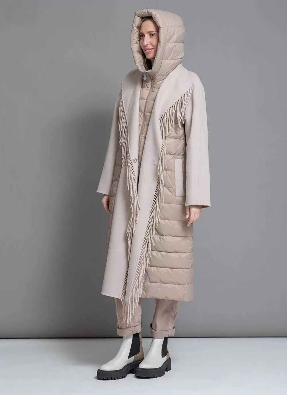 Kennedy Fringe Luxe Down Wool Coat in Beige