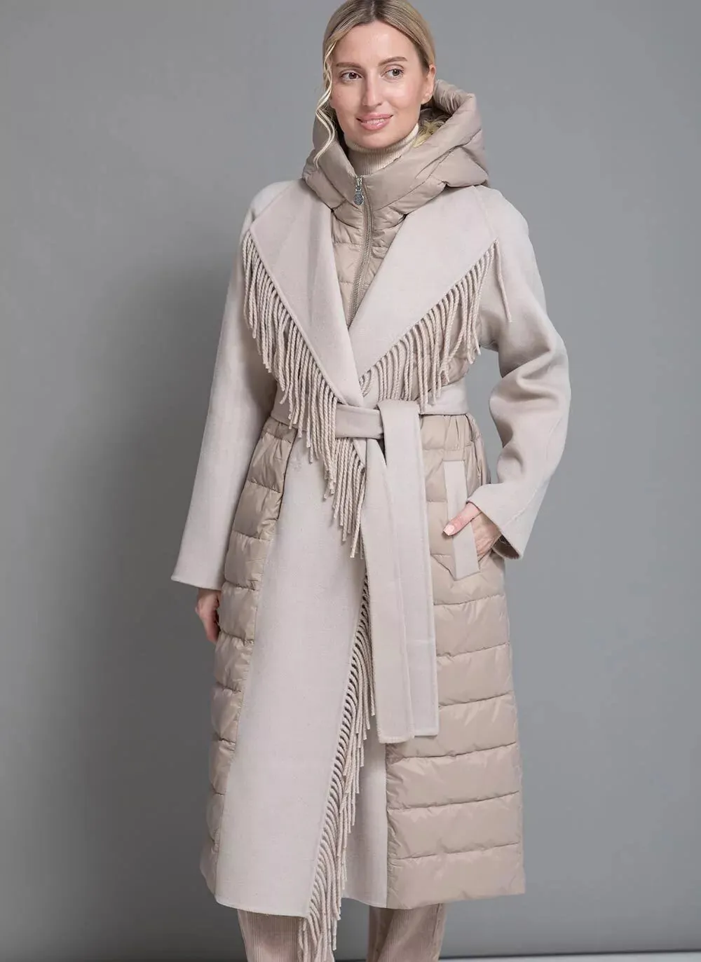 Kennedy Fringe Luxe Down Wool Coat in Beige