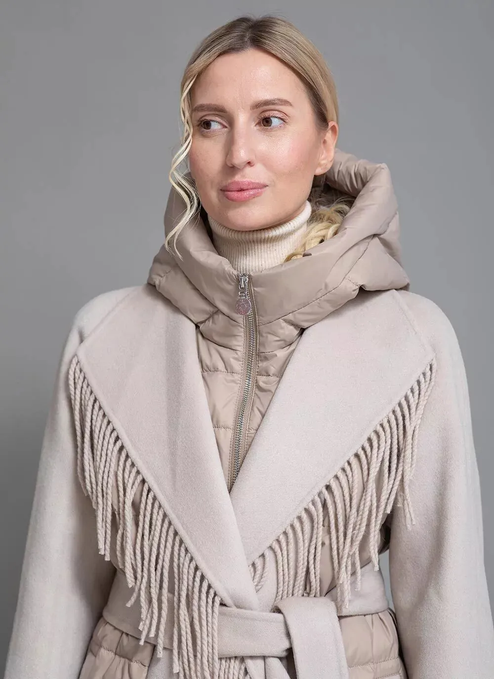 Kennedy Fringe Luxe Down Wool Coat in Beige