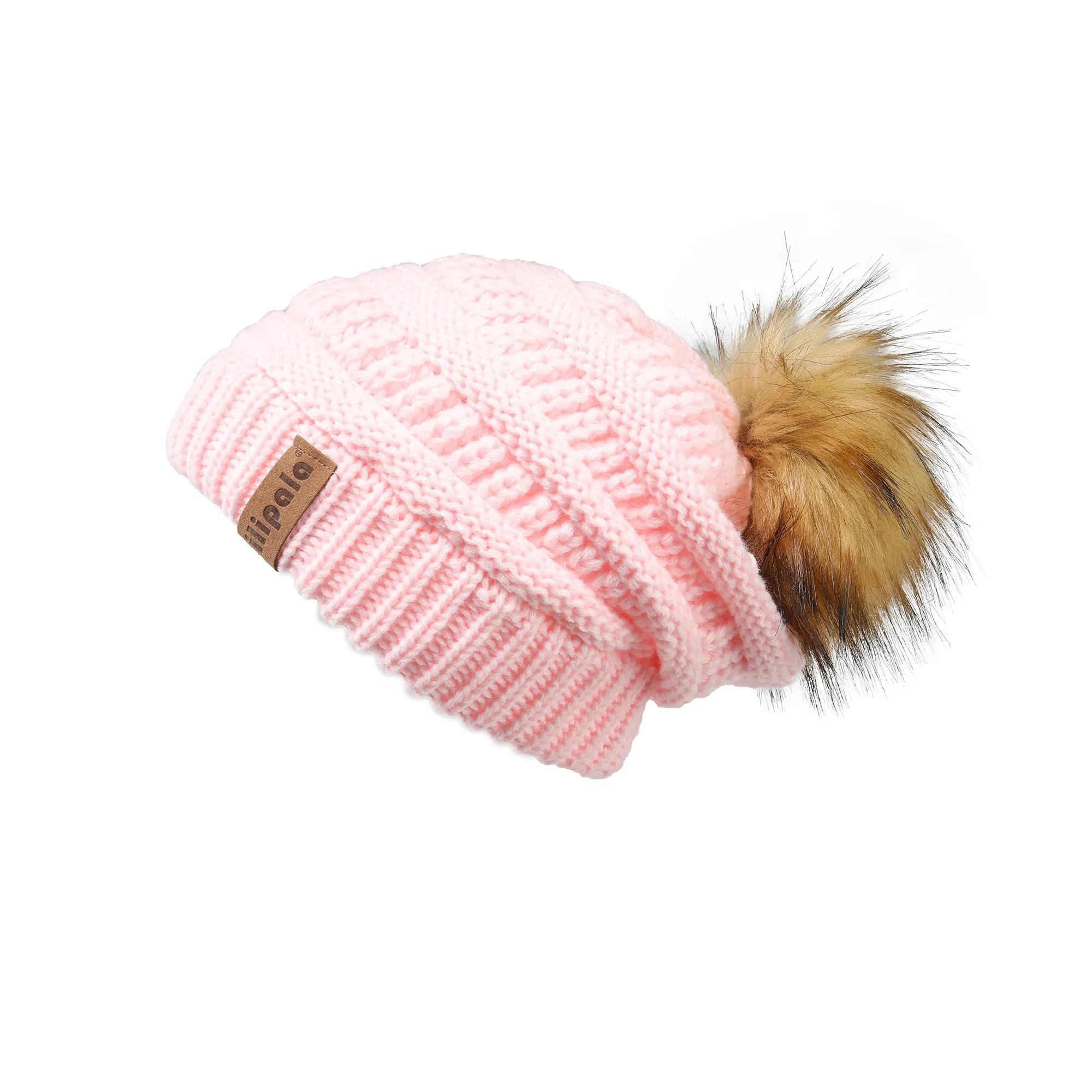 Knit Beanie Hat Faux Fur Pom Caps