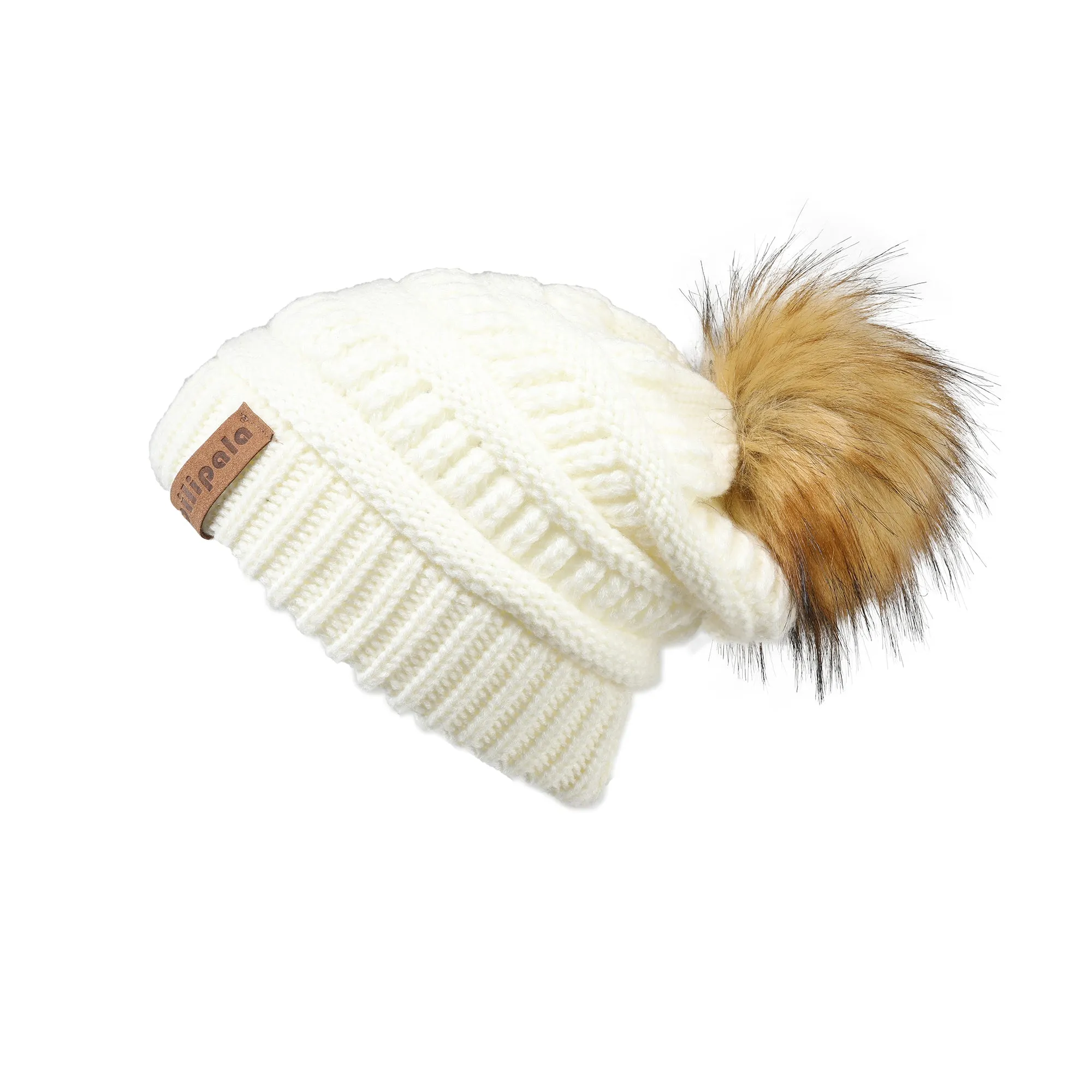 Knit Beanie Hat Faux Fur Pom Caps