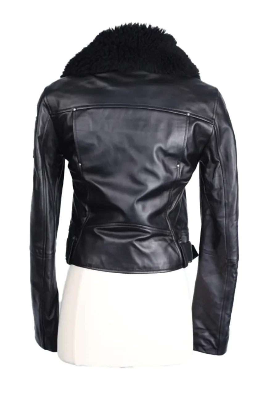 Leather W/ Shearling Collar Moto Jacket