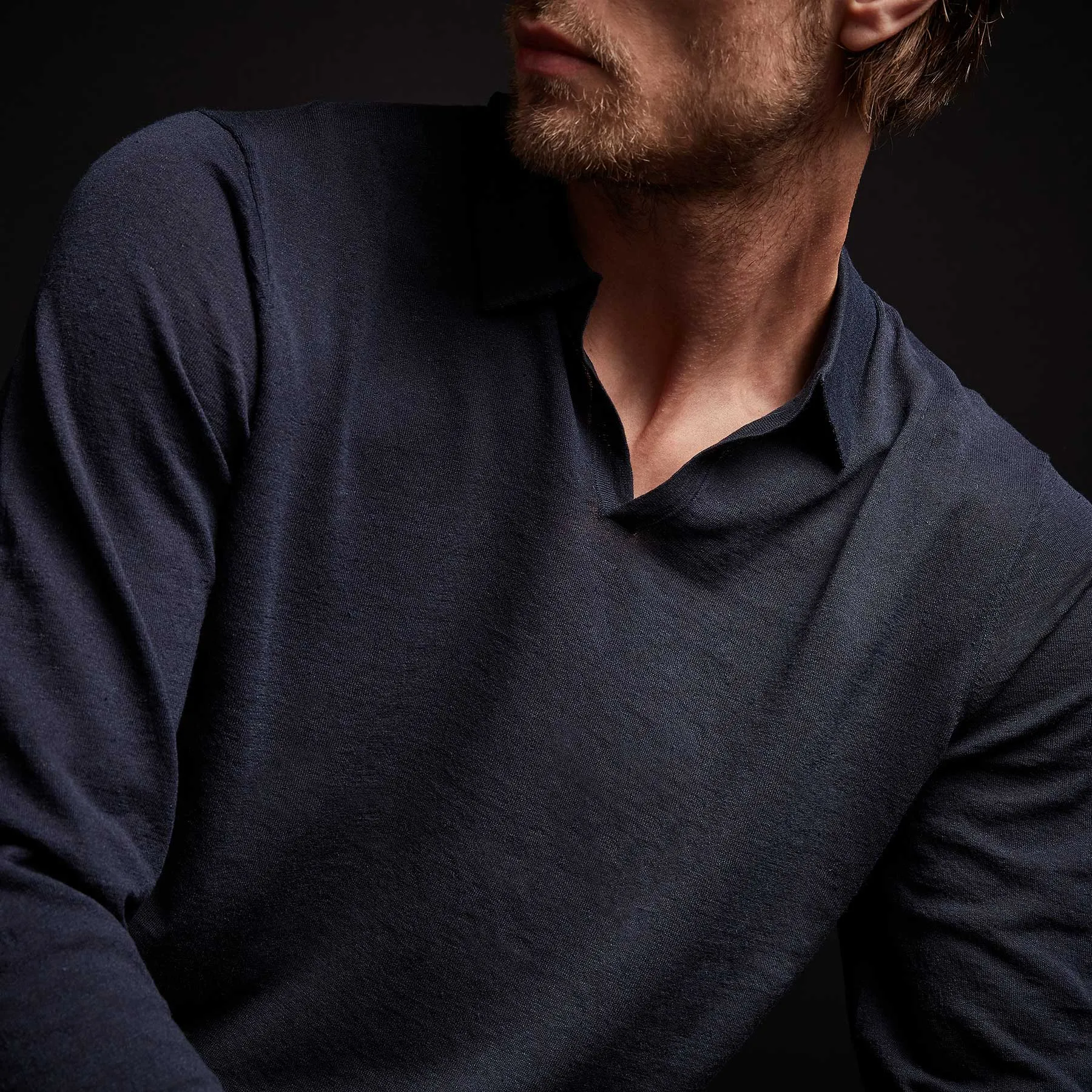 Linen Blend Long Sleeve Polo Sweater - Navy