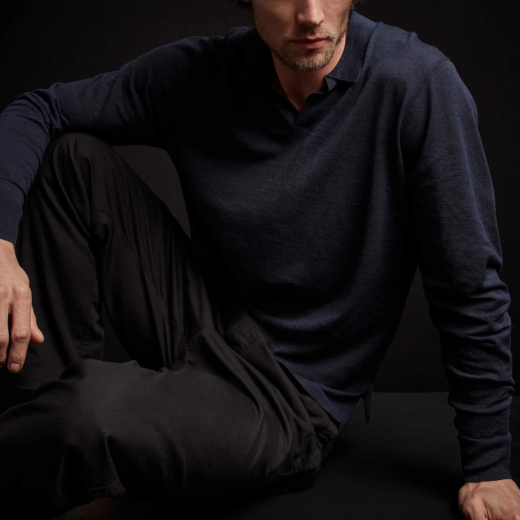 Linen Blend Long Sleeve Polo Sweater - Navy