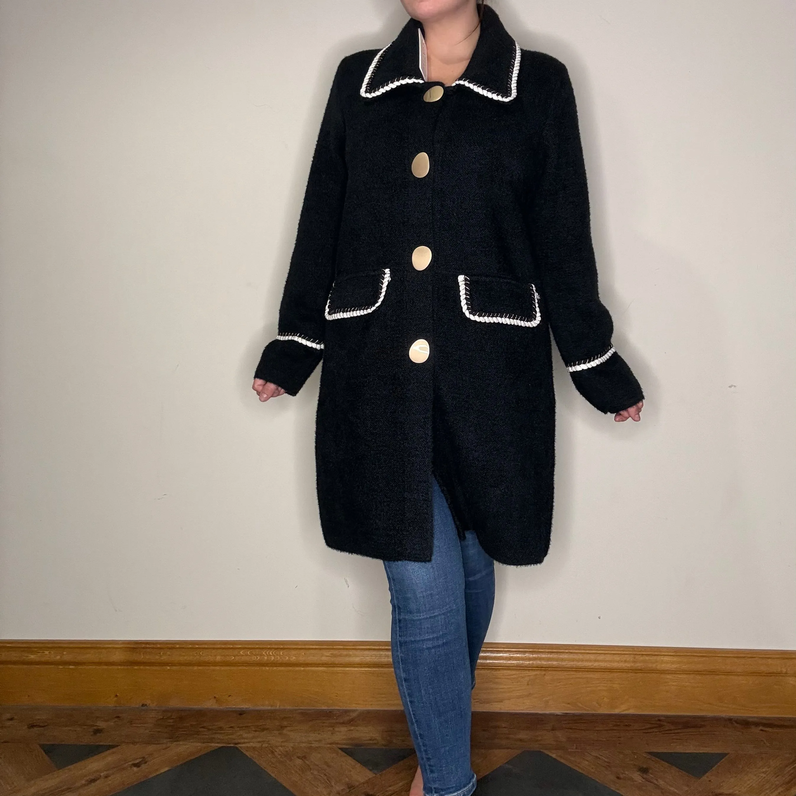 Long Black Coat With Soft Gold Large Buttons