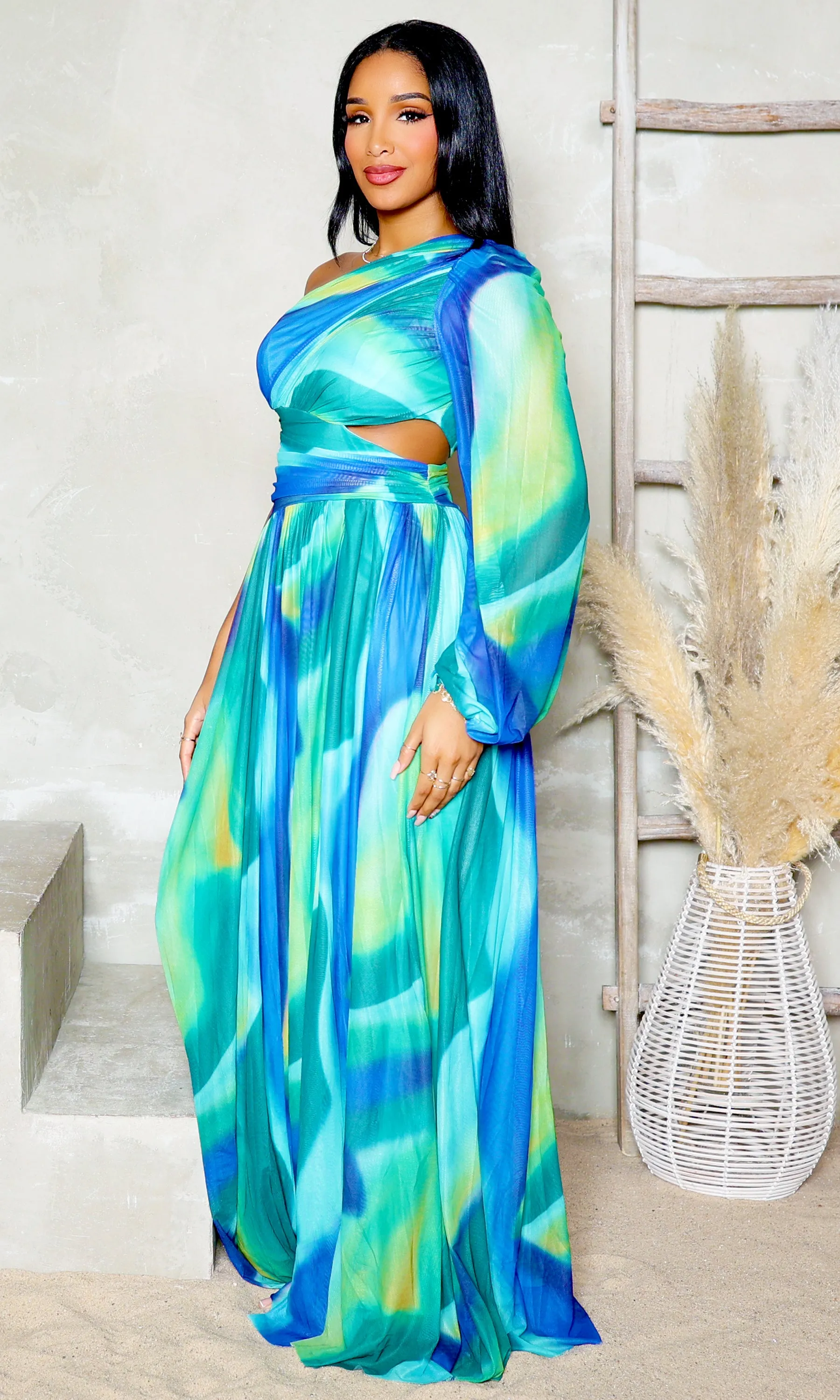 Malibu Breeze | Maxi One Sleeve Dress - Blue Multi FINAL SALE