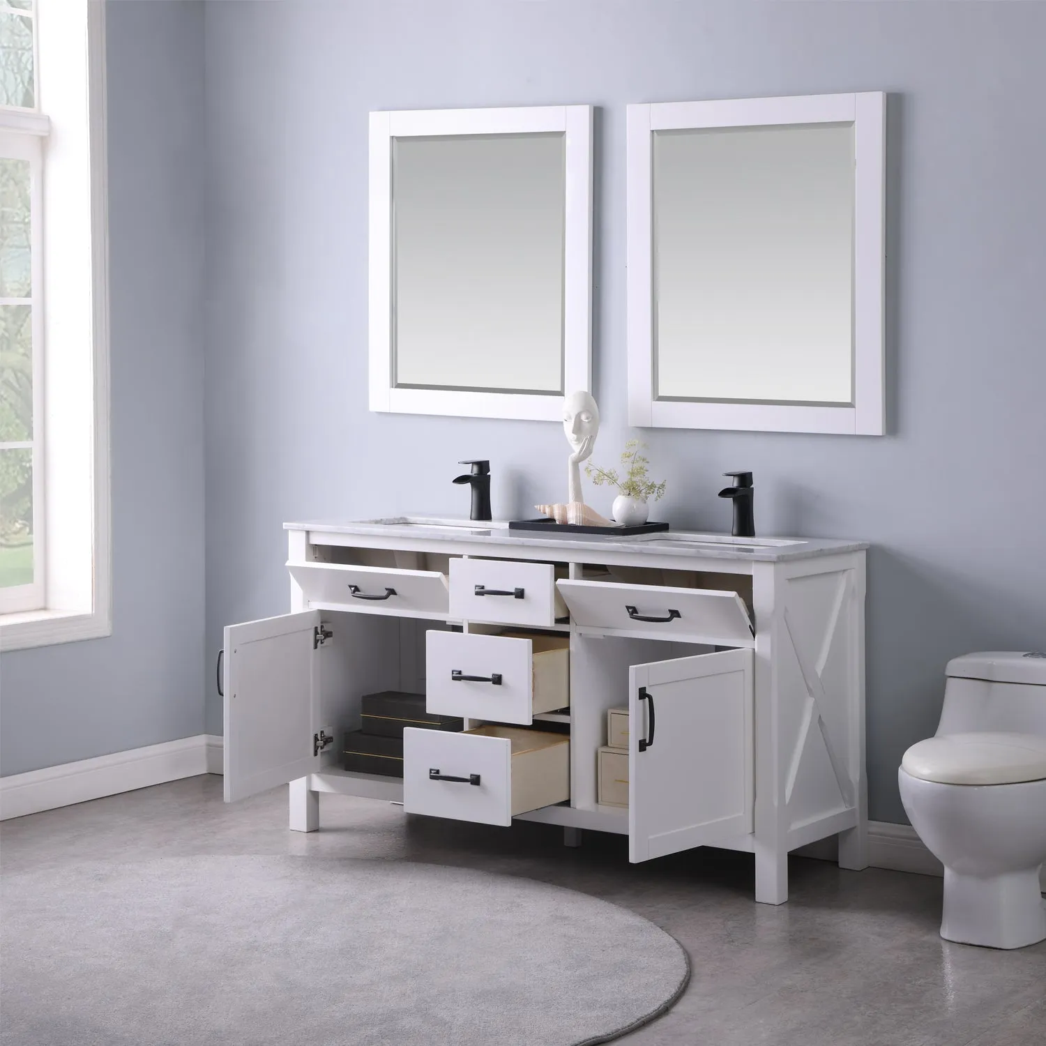 Maribella 60" Double Bathroom Vanity Set with Carrara White Marble Countertop