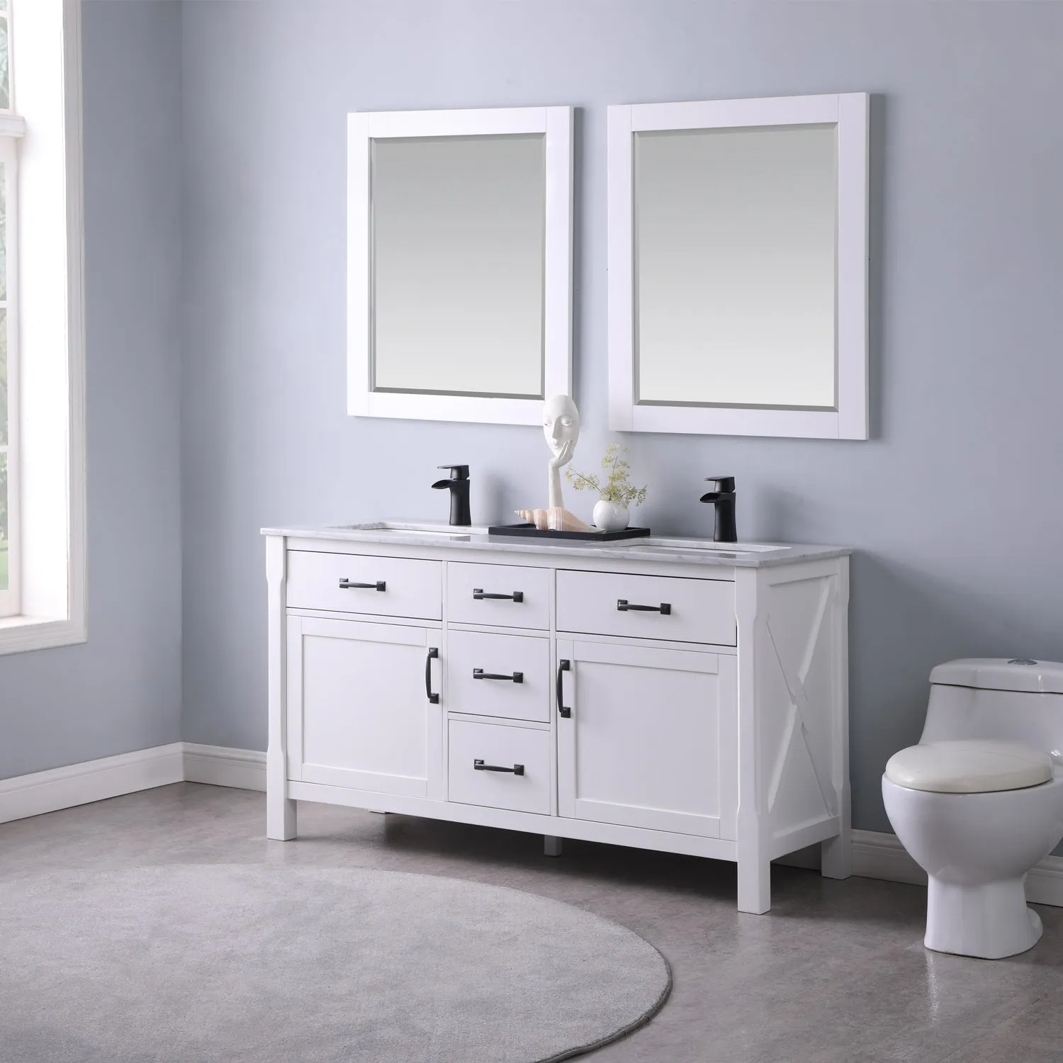 Maribella 60" Double Bathroom Vanity Set with Carrara White Marble Countertop