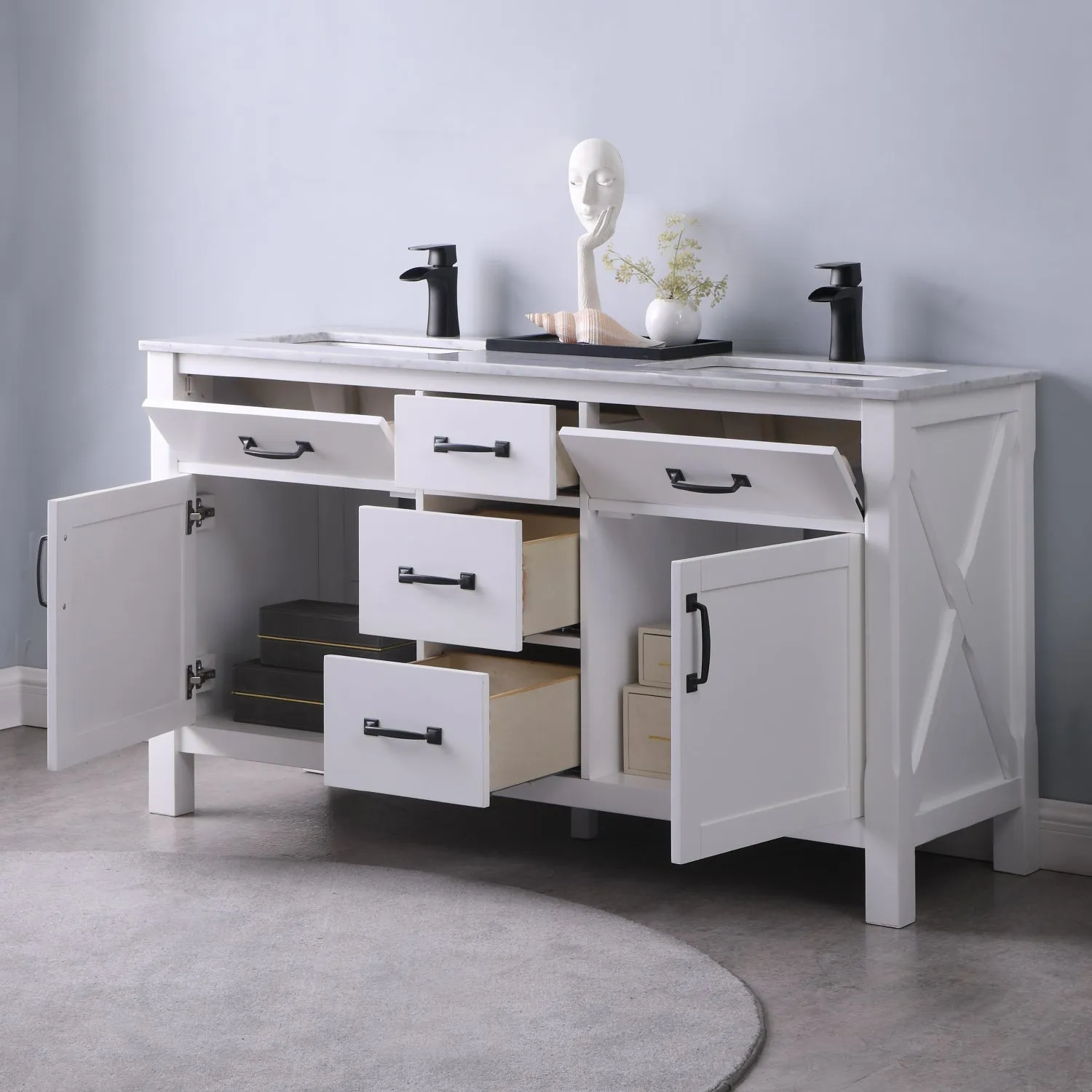 Maribella 60" Double Bathroom Vanity Set with Carrara White Marble Countertop