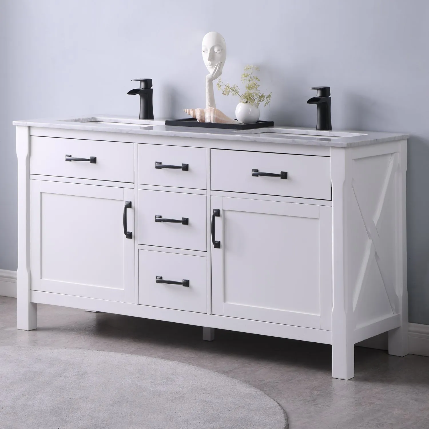 Maribella 60" Double Bathroom Vanity Set with Carrara White Marble Countertop