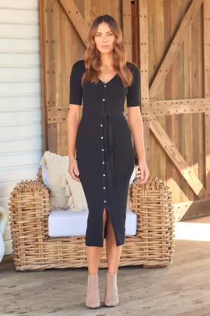 Mateo Black 3/4 Sleeve Knit Button Front Dress