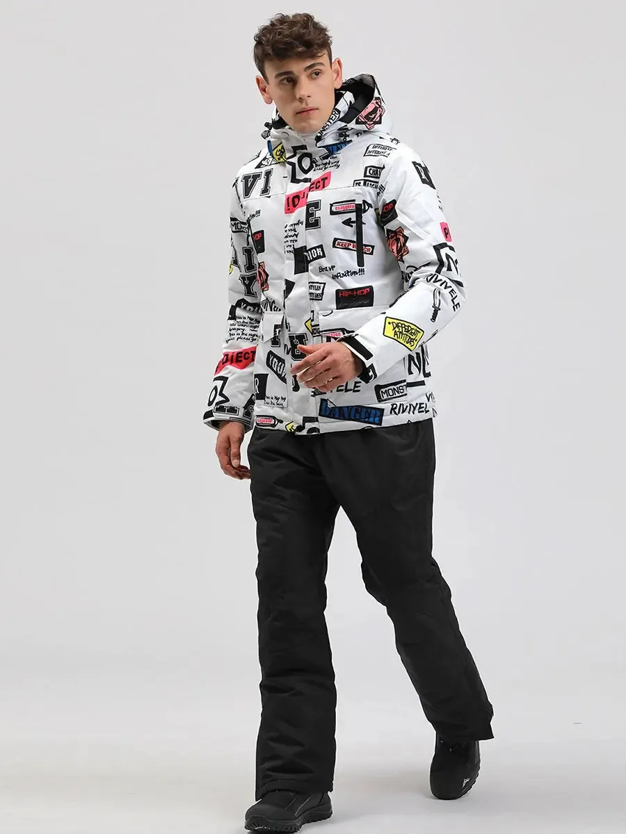 Men Graffiti Printed Jacket & Insulated Skiing Bibs Thick Snowsuits