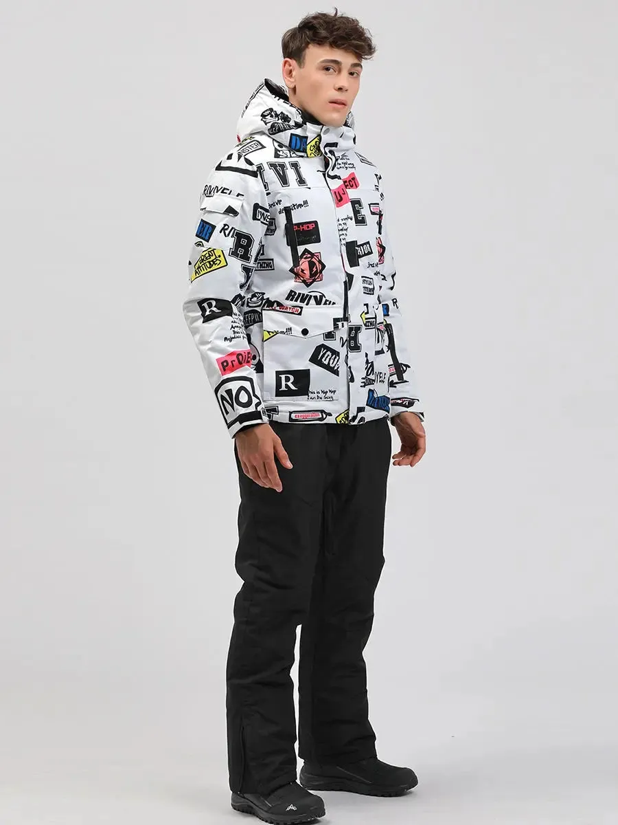 Men Graffiti Printed Jacket & Insulated Skiing Bibs Thick Snowsuits