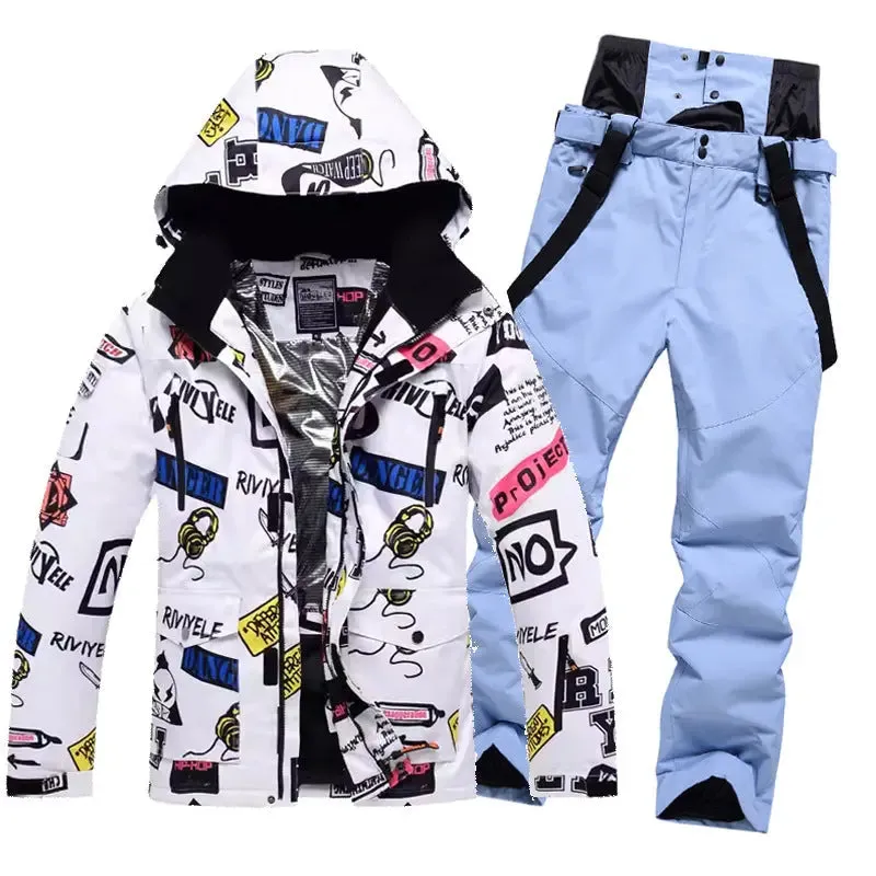 Men Graffiti Printed Jacket & Insulated Skiing Bibs Thick Snowsuits