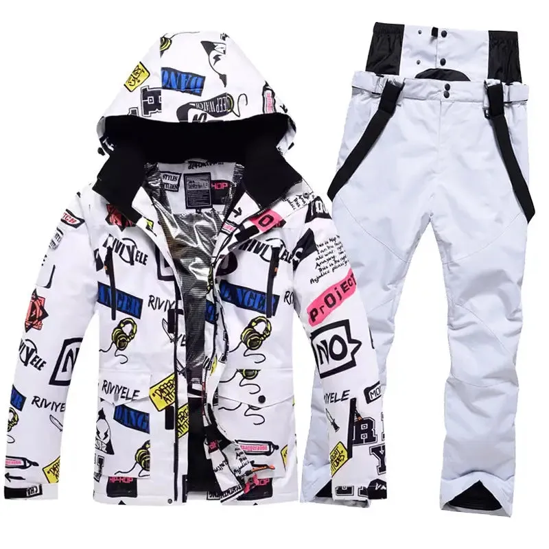 Men Graffiti Printed Jacket & Insulated Skiing Bibs Thick Snowsuits