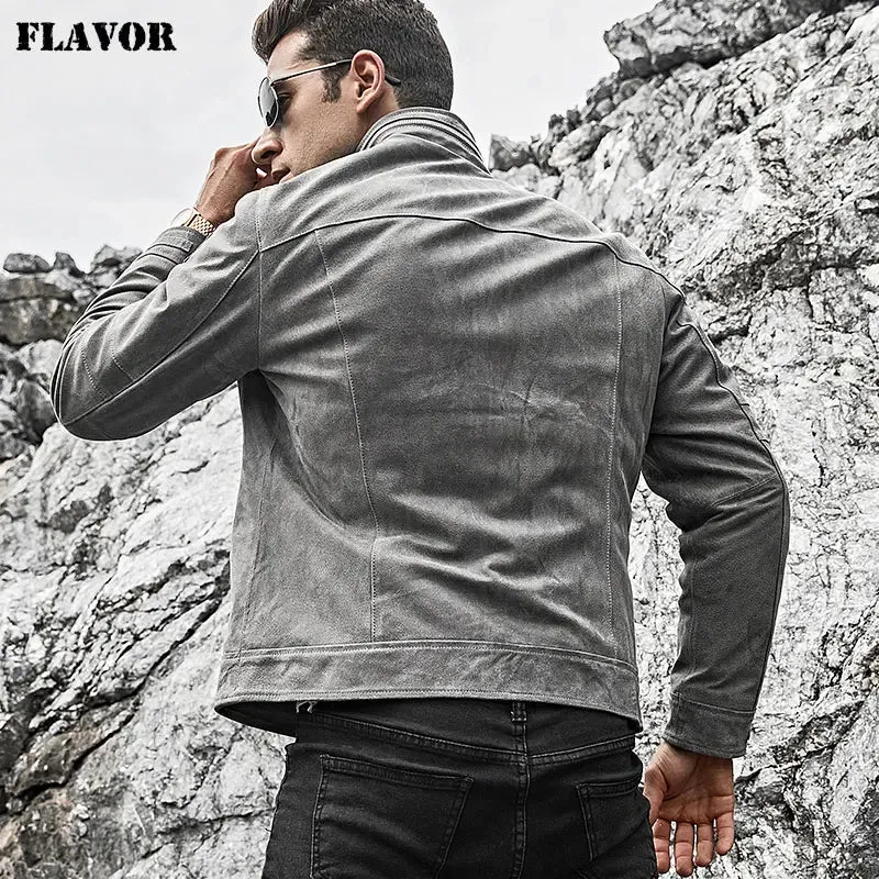 Men's Grey Leather Biker Coat