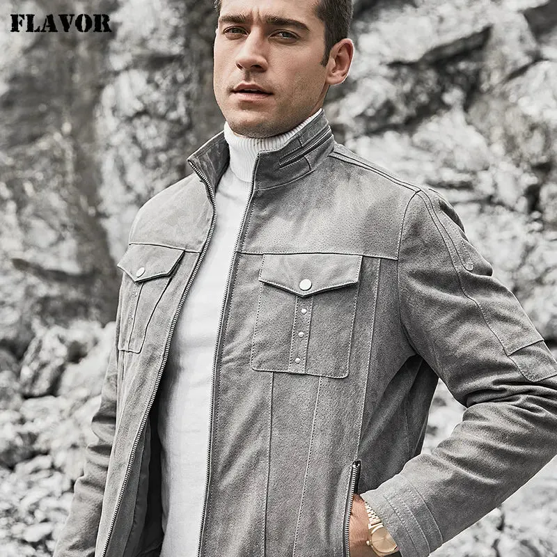 Men's Grey Leather Biker Coat