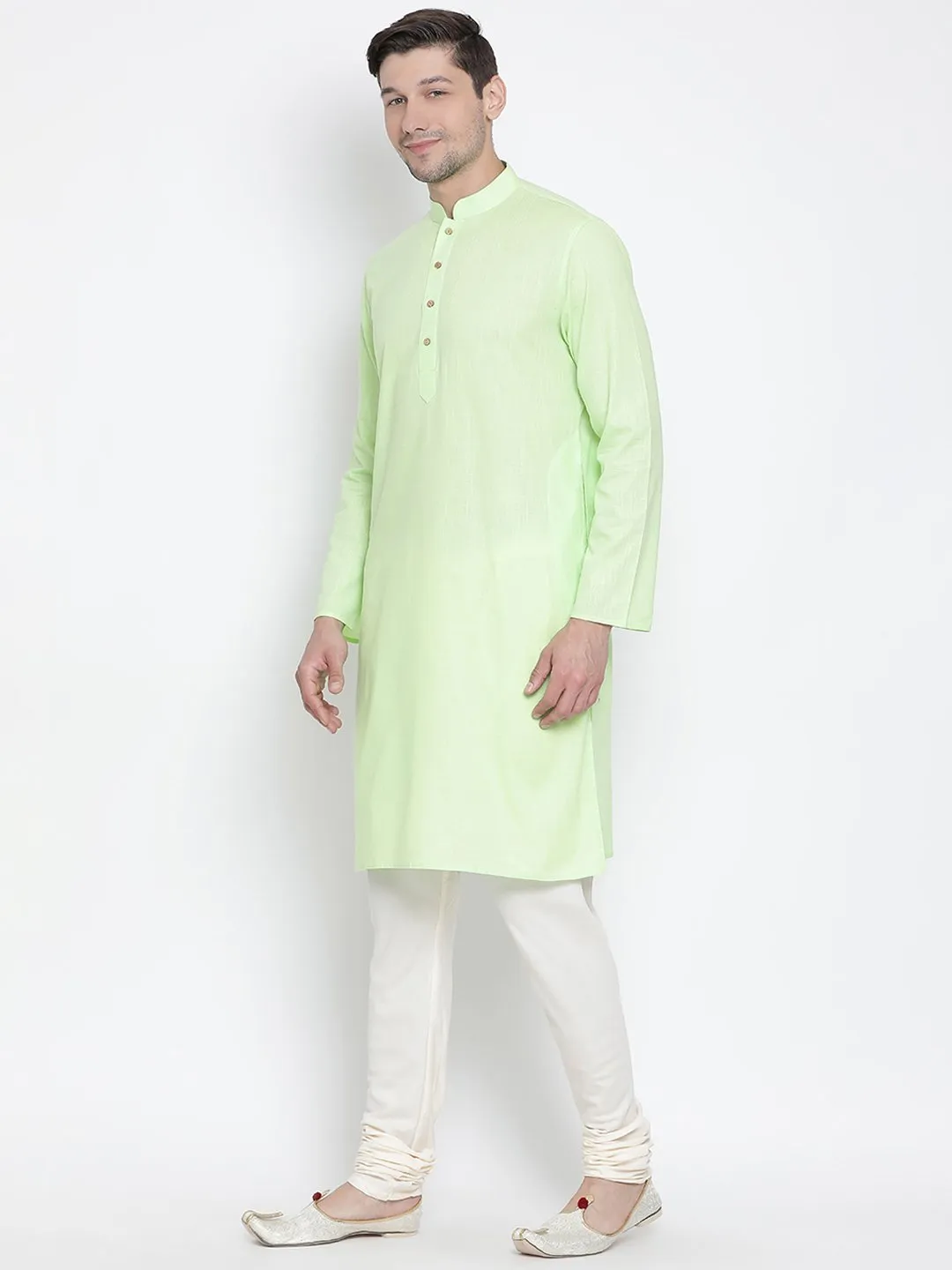 Men's Light Green Cotton Linen Blend Kurta and Pyjama Set - Vastramay