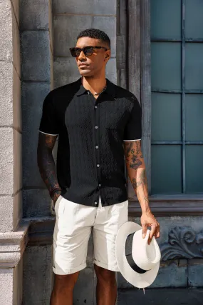 Men's Polo Cardigan Shirt Short Sleeve Textured Button Down Knit Polo Shirts