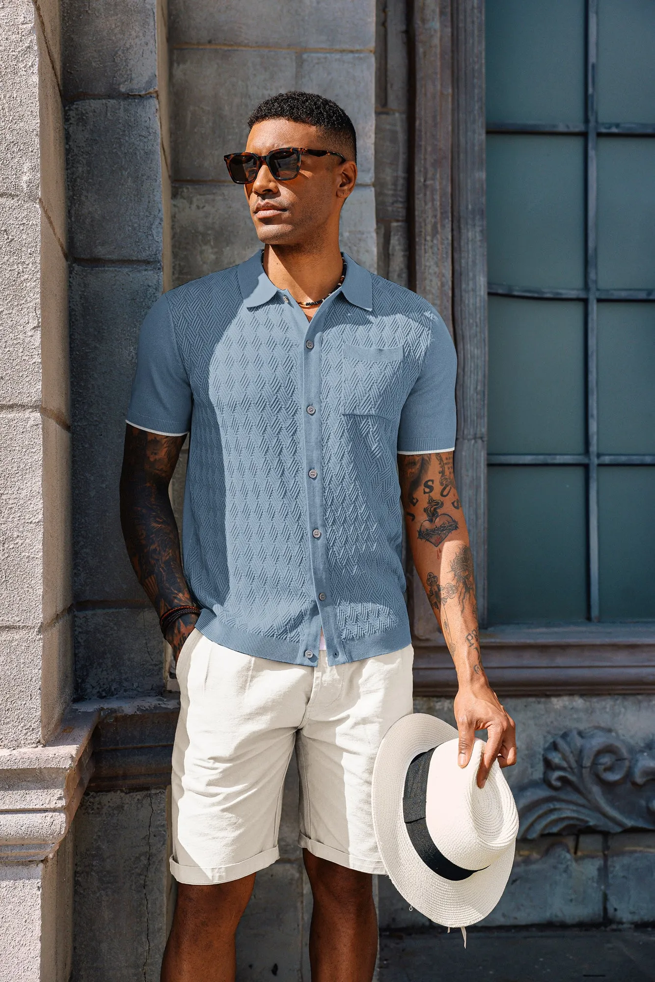 Men's Polo Cardigan Shirt Short Sleeve Textured Button Down Knit Polo Shirts