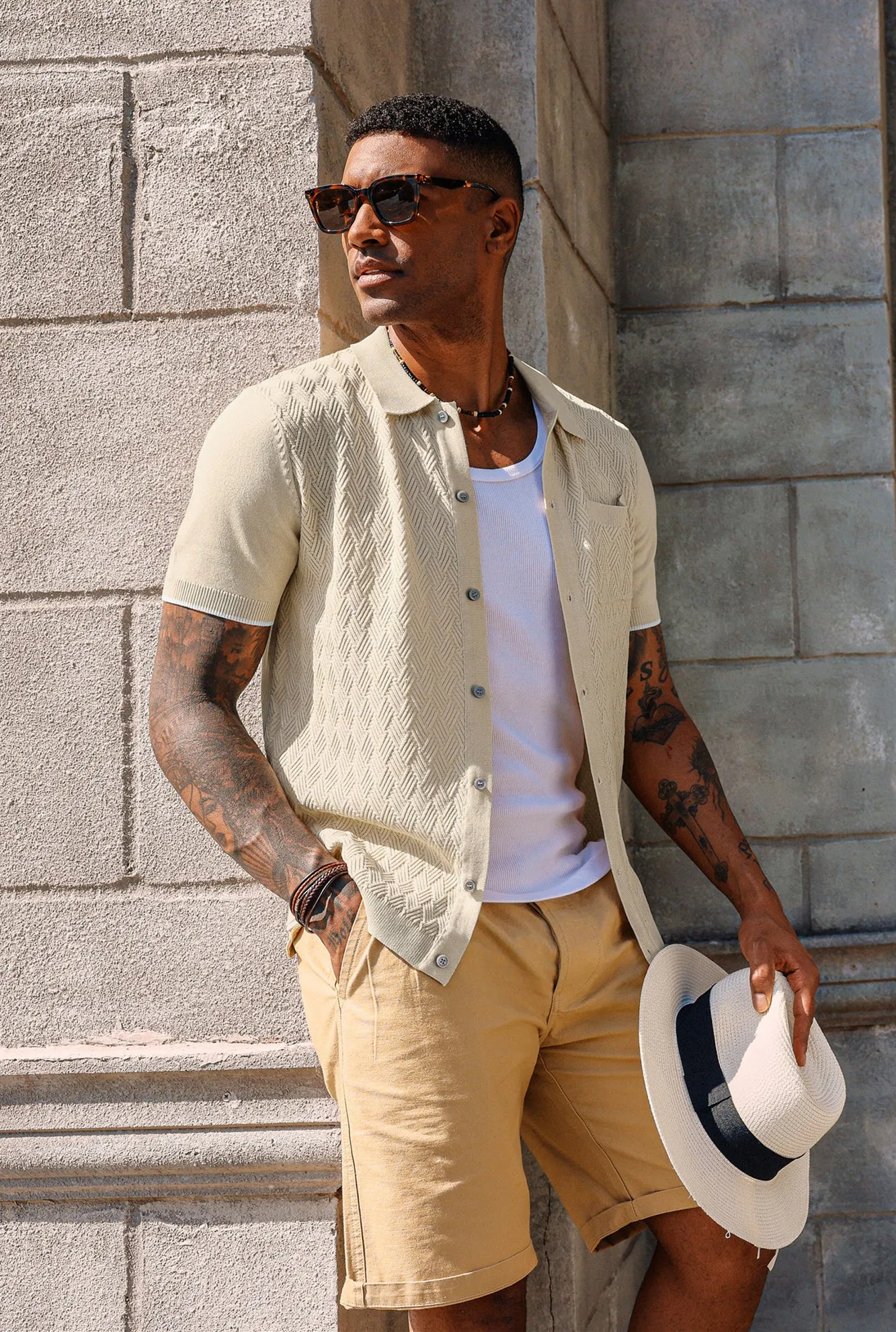 Men's Polo Cardigan Shirt Short Sleeve Textured Button Down Knit Polo Shirts